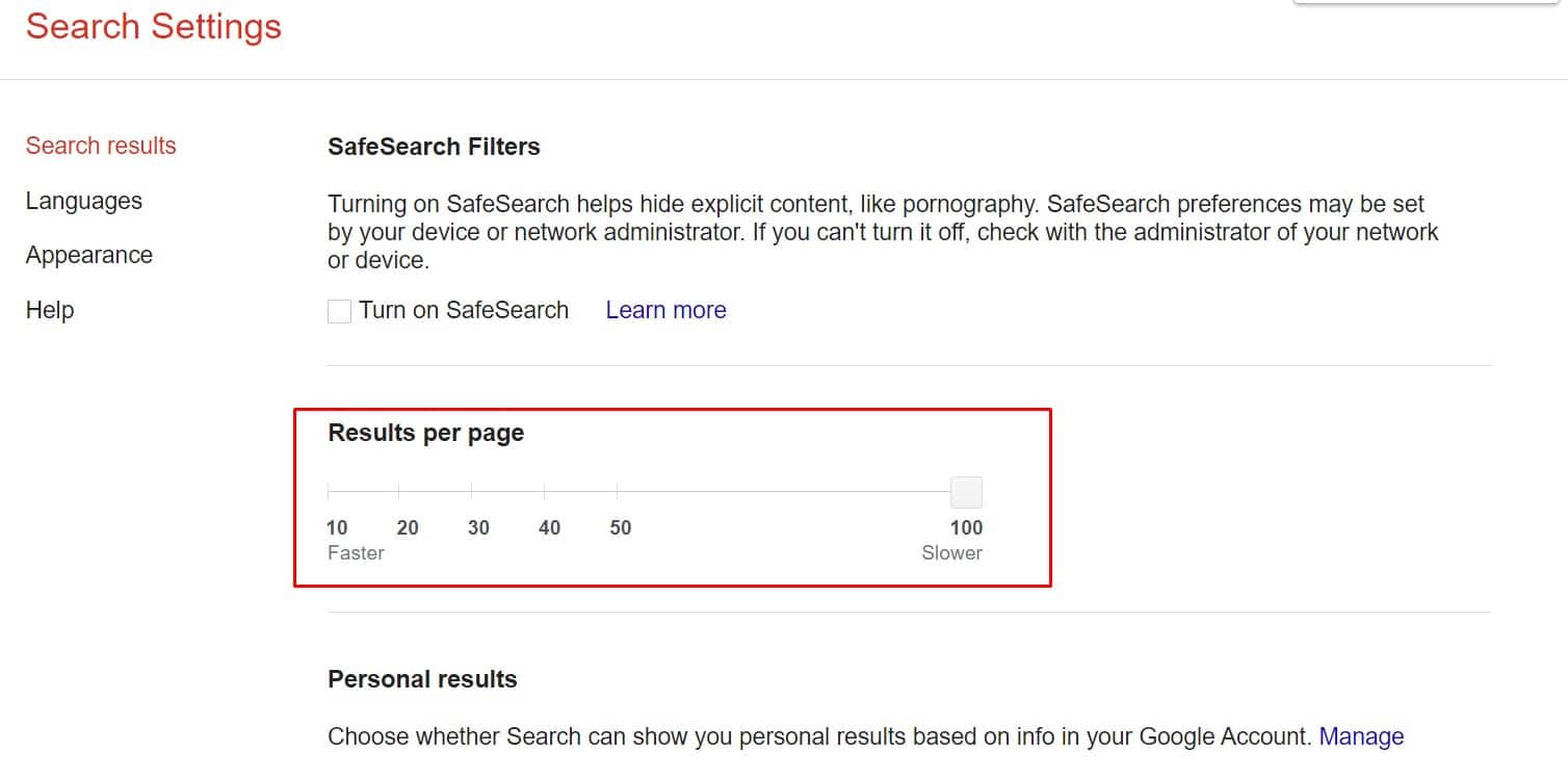 100 results per page to extract for link insertion outreach