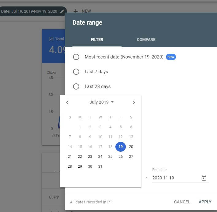 Historical optimization of old blog posts in google search console, changing the date to find old blog articles that used to perform well. Date range Google Search Console.