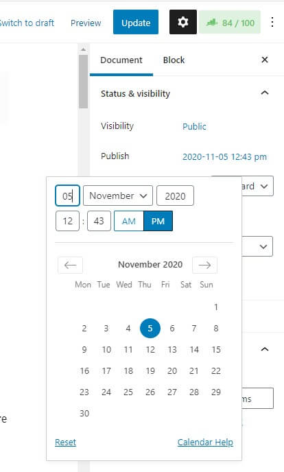 Changing the published date within the Gutenberg block editor setting in WordPress. Historical optimization changing published date to your current date.