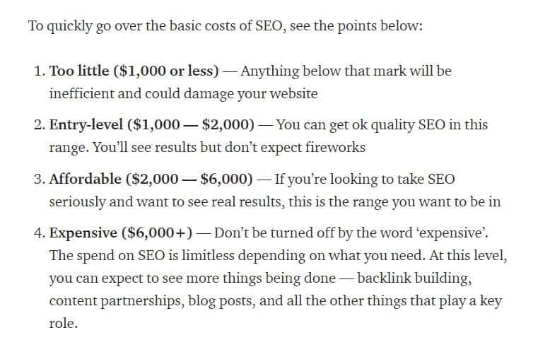 The biggest cost of B2B SEO is hiring an SEO agency to effectively implement an SEO strategy. The price list of SEO services and explanation of how much you should pay for SEO service to get good results.