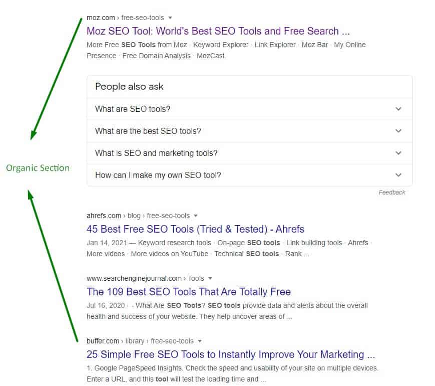 The organic section in Google search results. Nobody can buy the first position in Google. The only way to appear in this organic section is via B2B SEO. B2B SEO vs B2B SEM differences in the search result.