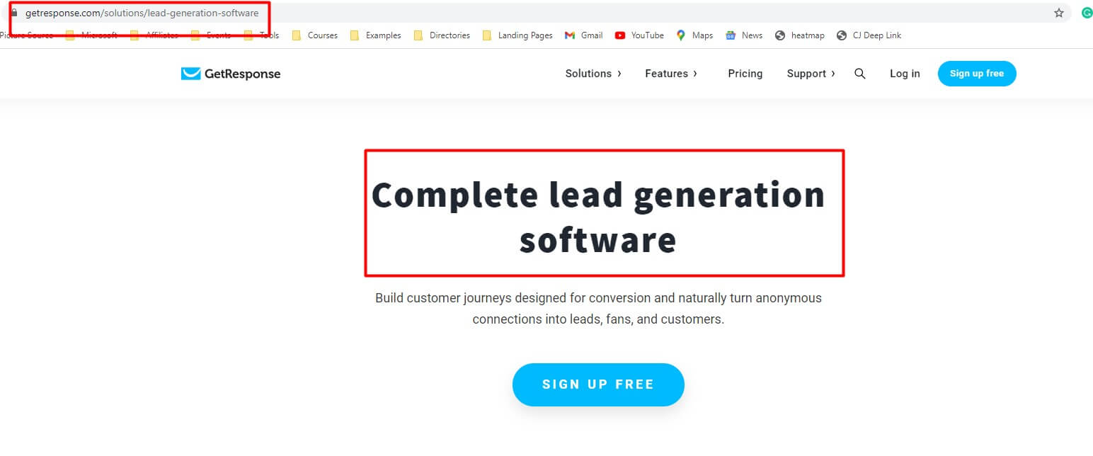 Solution page for B2B SEO for b2b buyers to find you. GetResponse Example of Lead Generation Software solution page.