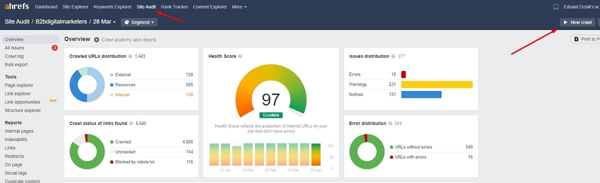 manually crawl your website with ahrefs site audit