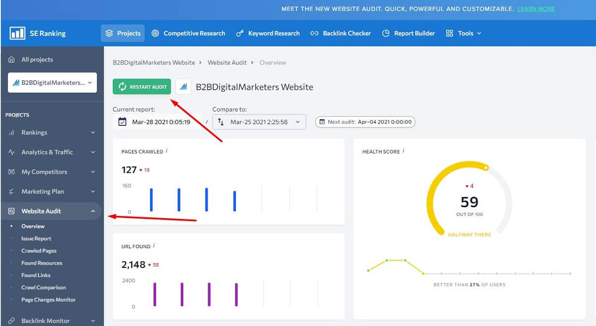 se ranking manually restart audit