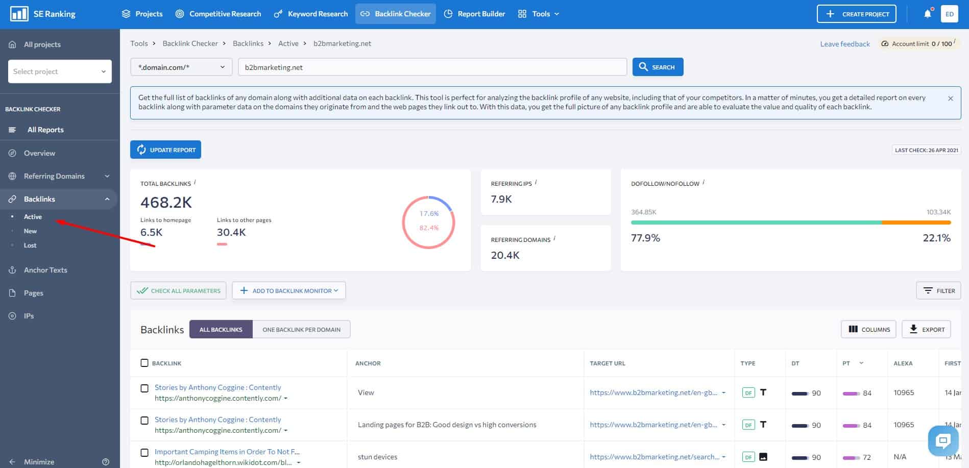 find new competitors backlinks in se ranking dashboard