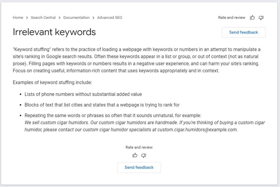 keyword stuffing irrelevant keywords google quality guideliness