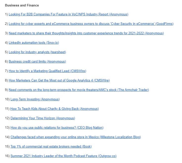 HARO daily queries based on your preferences link building prospecting for HARO HARO daily queries based on your preferences link building prospecting for HARO