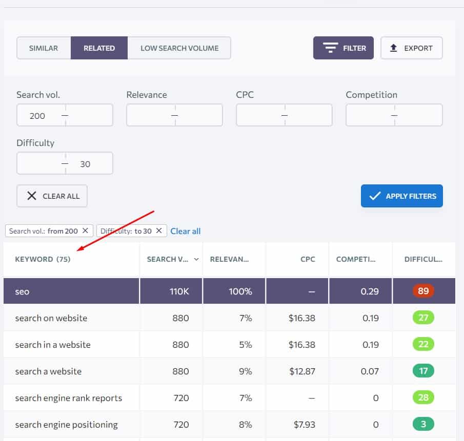 search volume and keyword difficulty and the result of keyword ideas