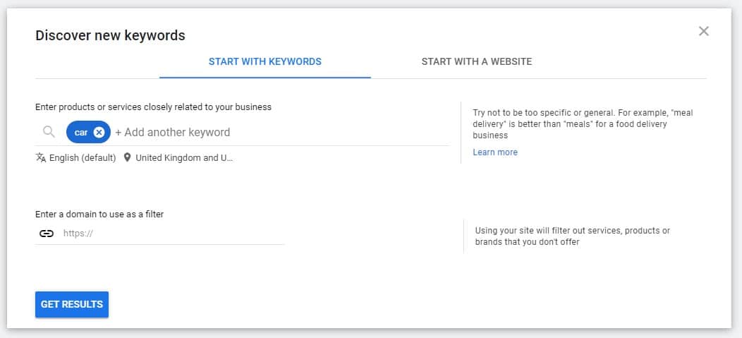 searching for seed keywords using keyword planner to find profitable keywords