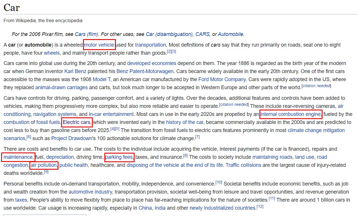 wikipedia page for Car and the seed keywords you can talk about example