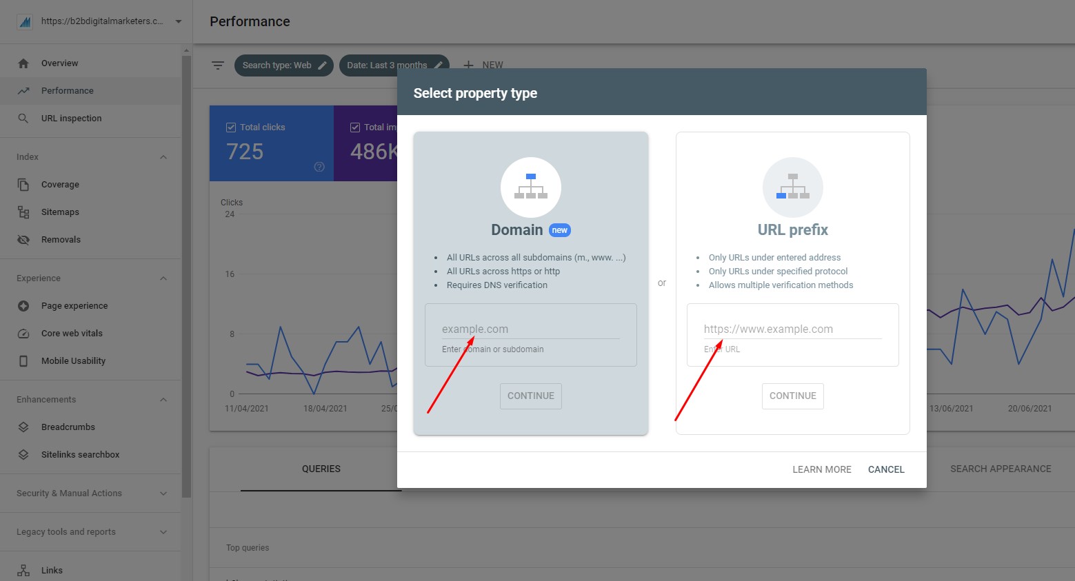 enter your domain in google search console