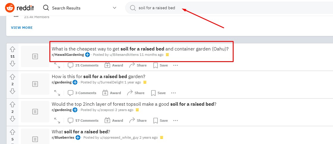 reddit searching for relevant questions to improve semantic SEO