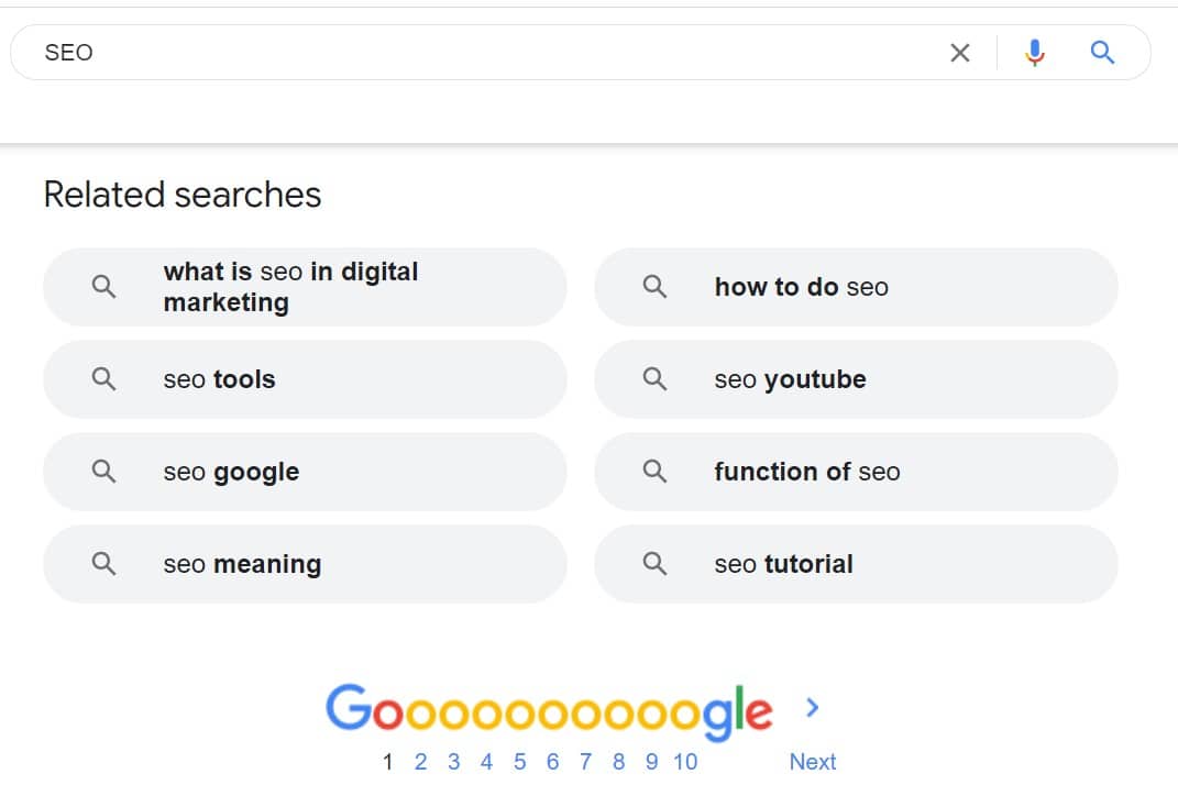 google keyword suggestions at the bottom of search results