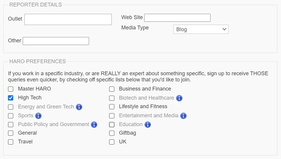 HARO reporter details and HARO preferences setting