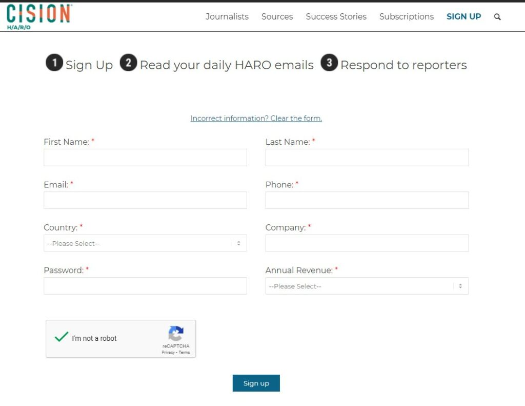 HARO signup form to become a source for journalist