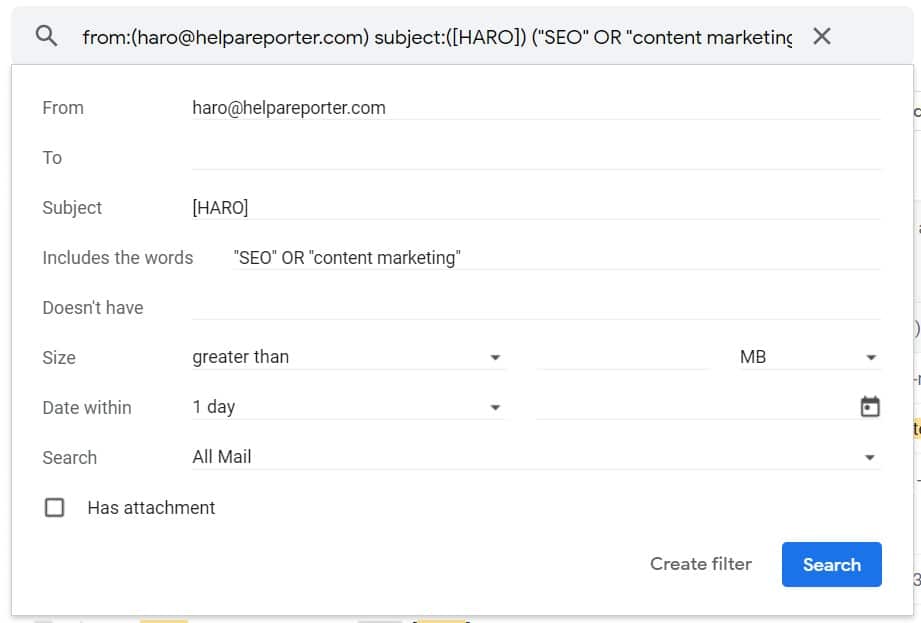 adding more keywords to gmail filter for HARO link building