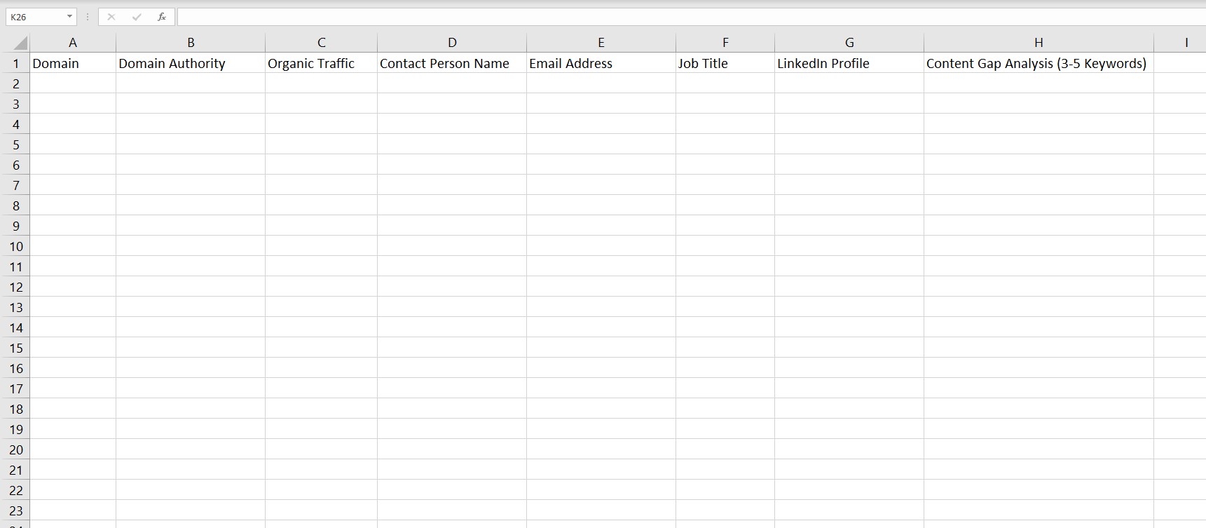 empty guest posting spreadsheet for freelancer