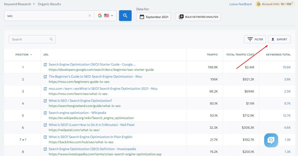 export google search results in keyword research tool