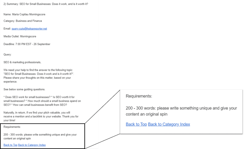 journalist requirements for HARO query example 1