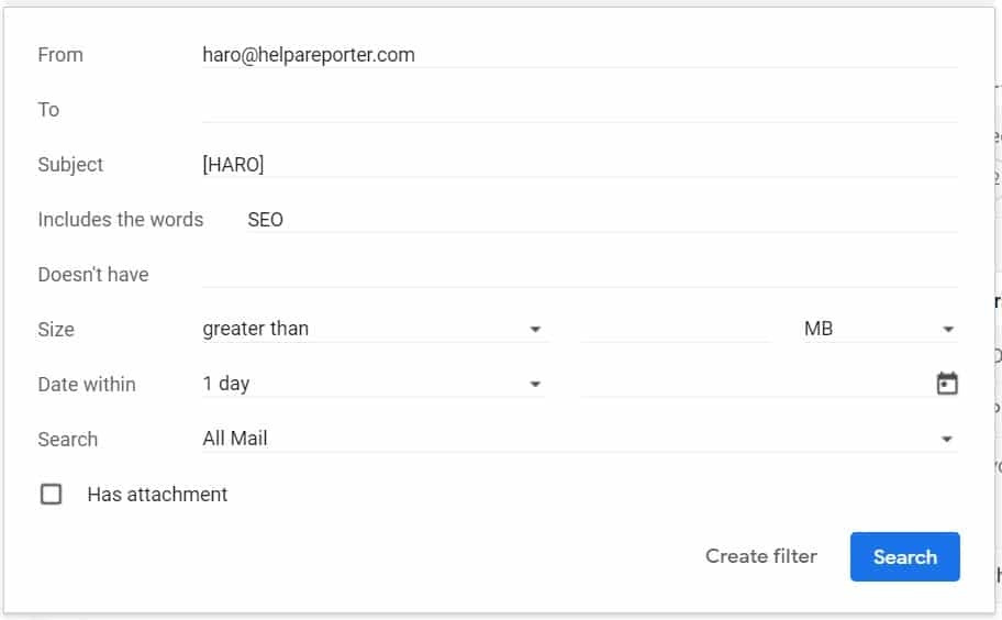 setting up gmail filter for HARO link building