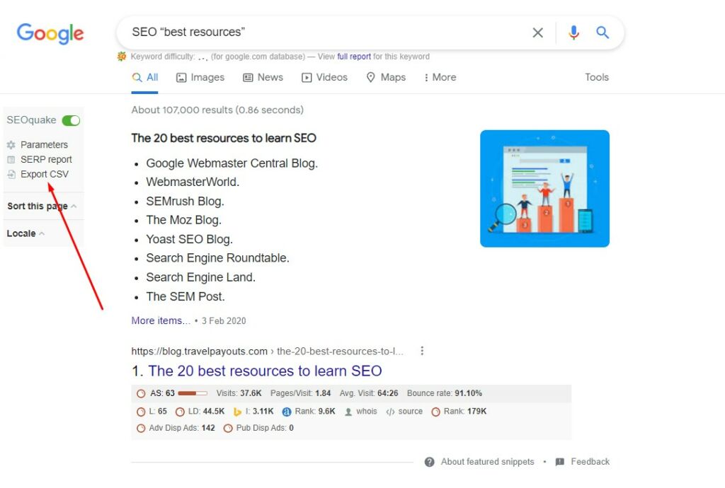 export search results for resource link building