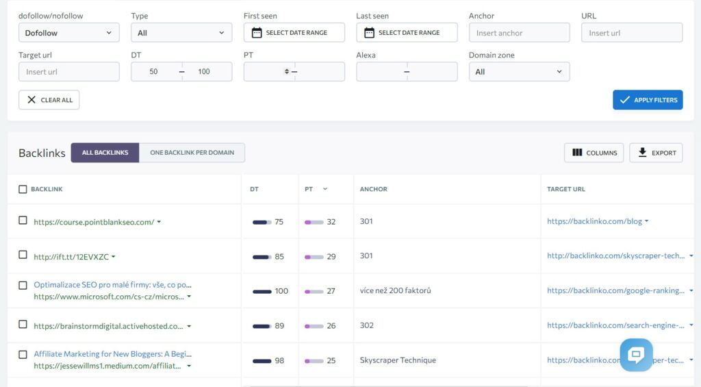 filter setting in se ranking backlink report for resource pages