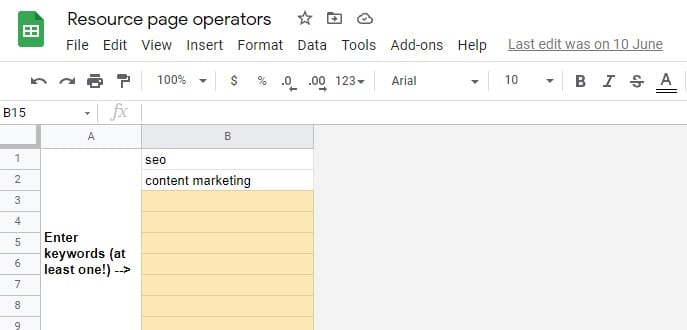 resource page operators spreadsheet for resource page link building