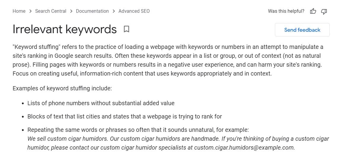 stuffing keywords and forced keywords Google quality guideliness