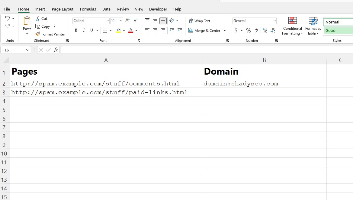 example of spreadsheet for disavowing links backlink audit