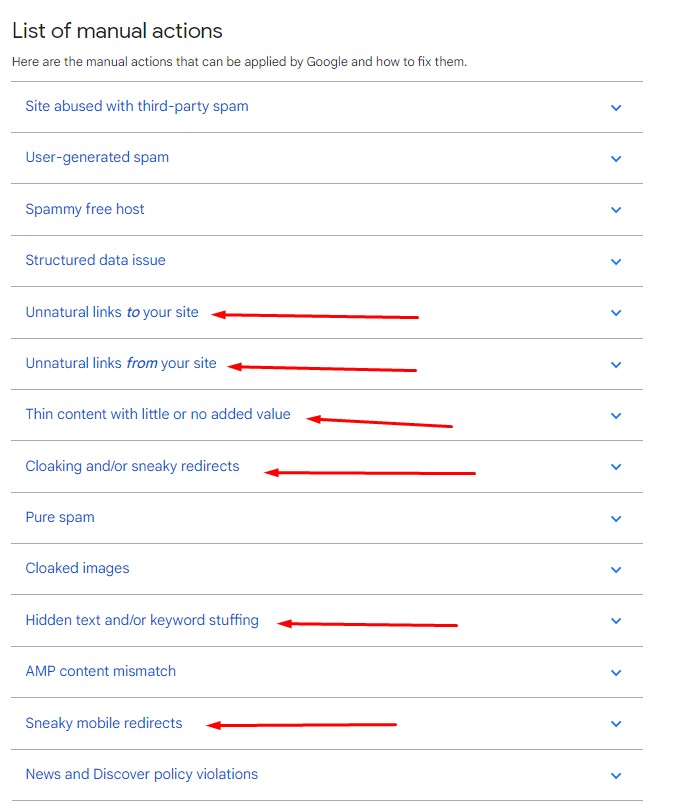 list of manual actions from Google backlink audit