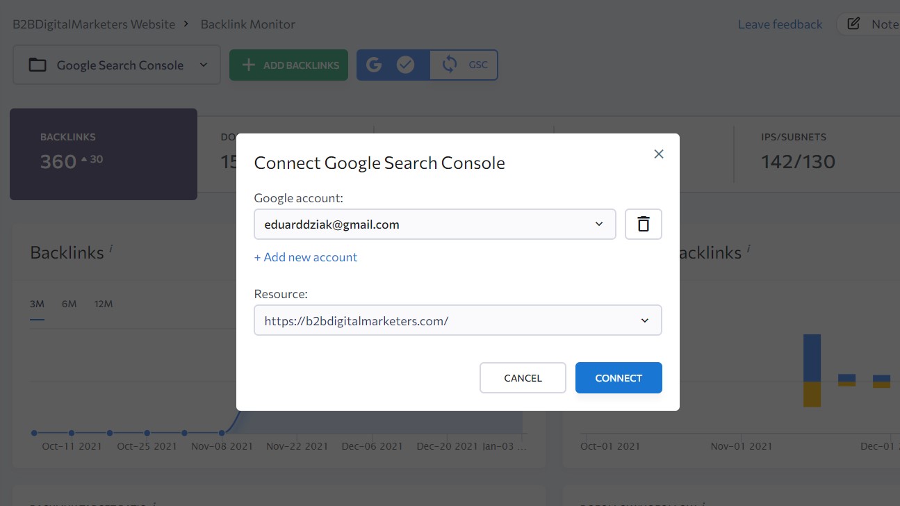 se ranking backlink checker synch with google search to import all backlinks for backlink audit