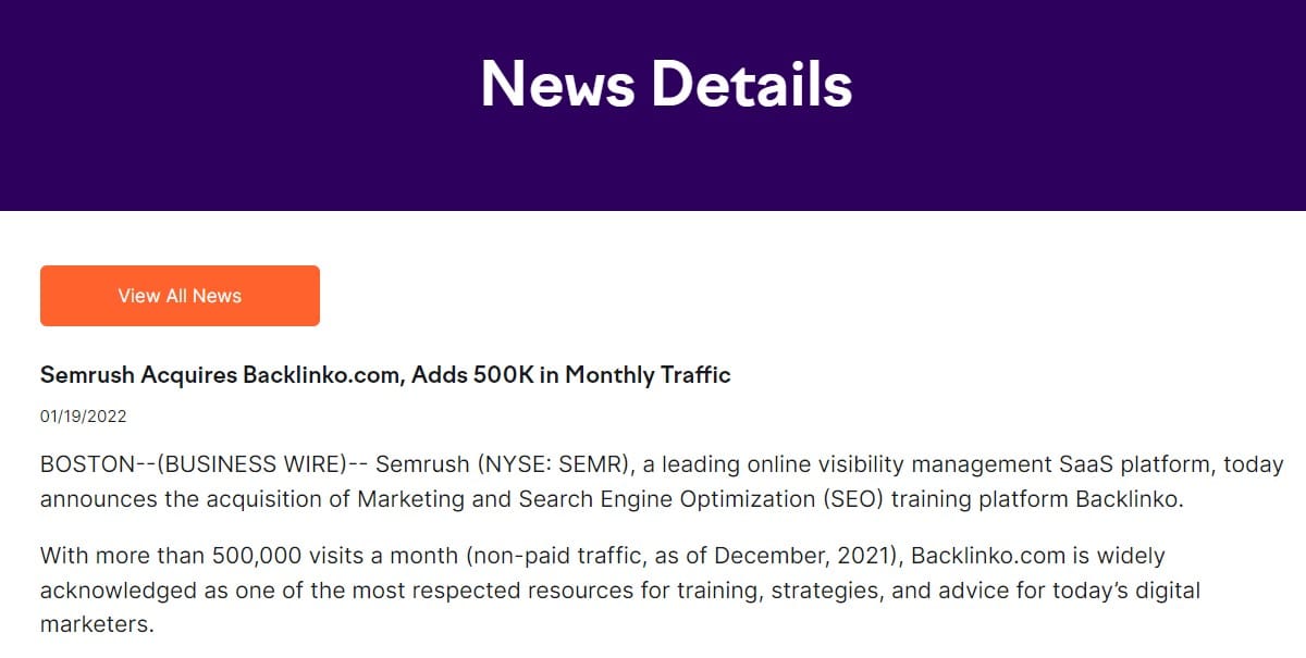 backlinko acquired by semrush news press release seo off page seo activity list