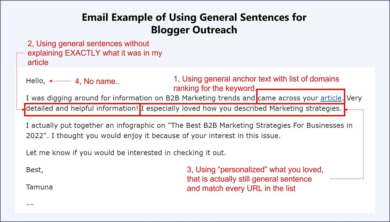 email example of using general sentences for blogger outreach