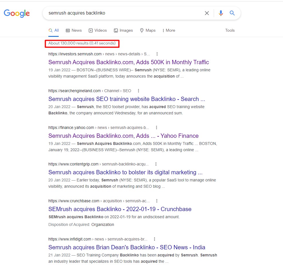 google search results about backlinko acquired by semrush press release off page seo activity list