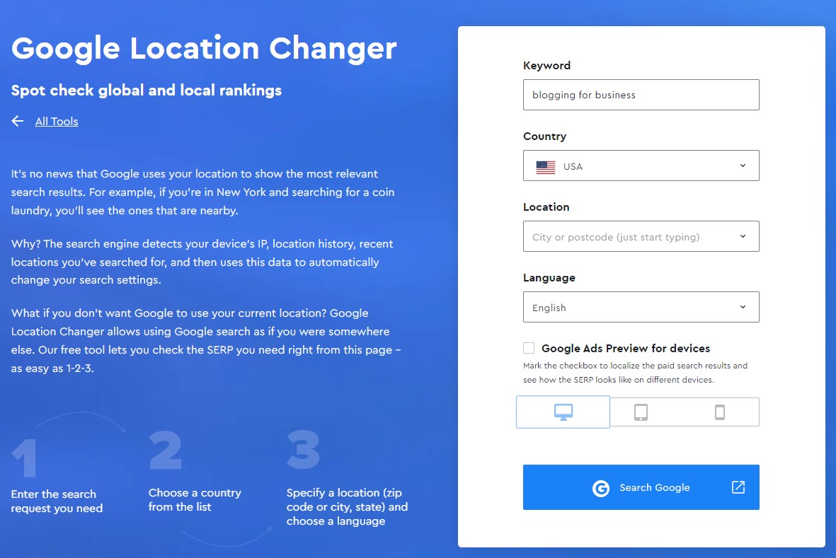 location changer to check website position in google