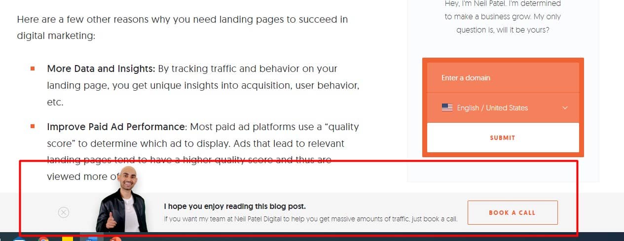 bottom bar pop-up for lead generation example blogging for business