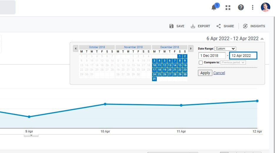 changing date in google analytics to find all website pages