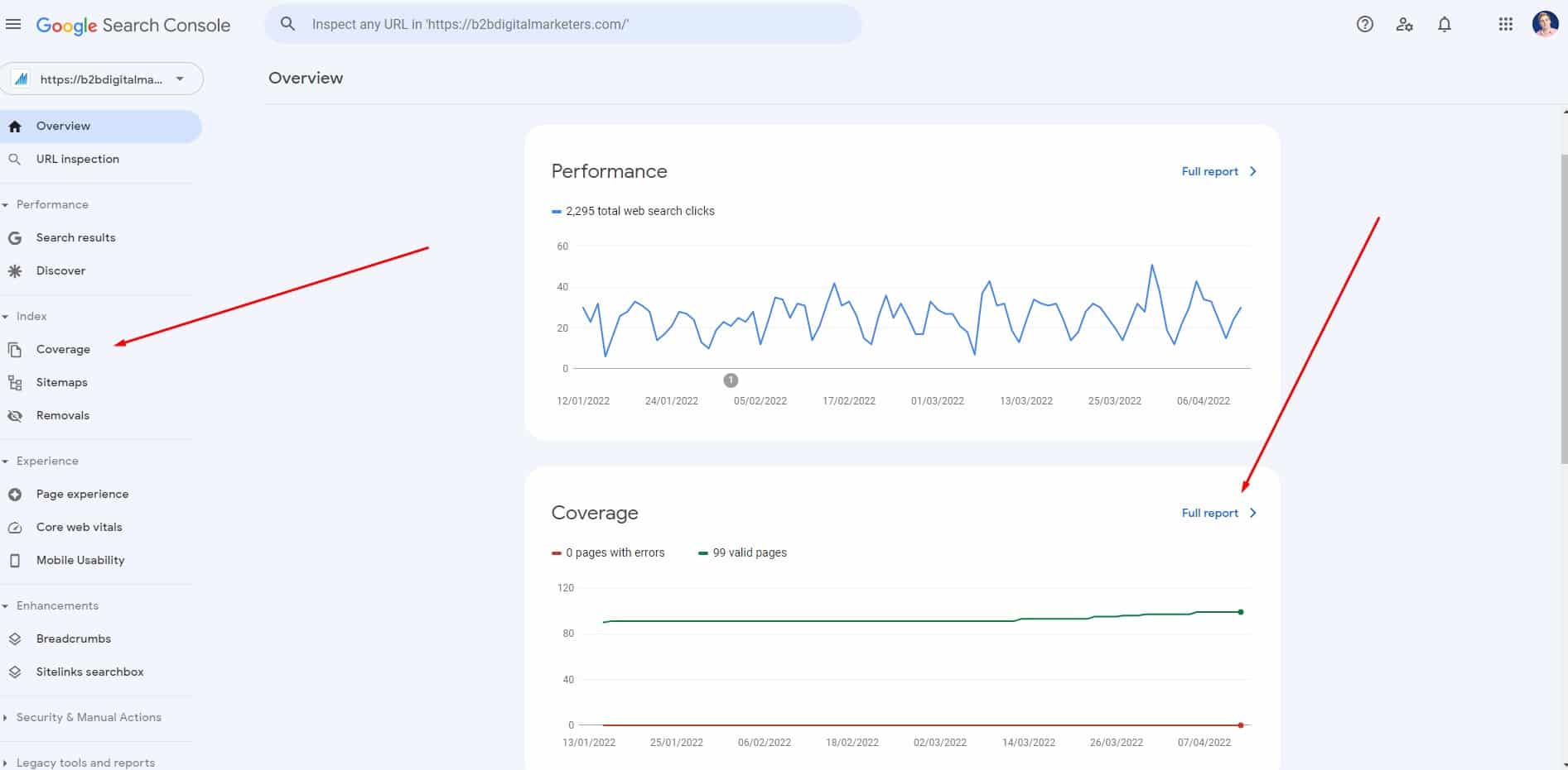 google search console overview report for how to find all webpages