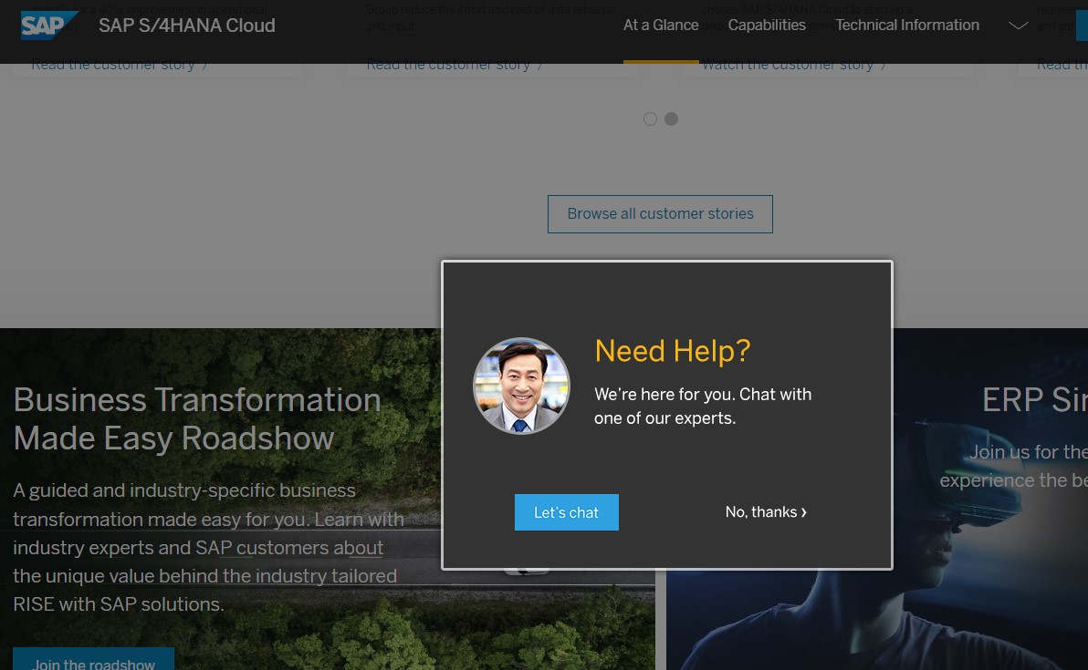sap uses pop up to chat with sales example for blogging for business