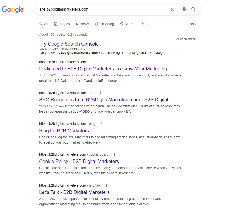 site operator search results to find all pages on a website