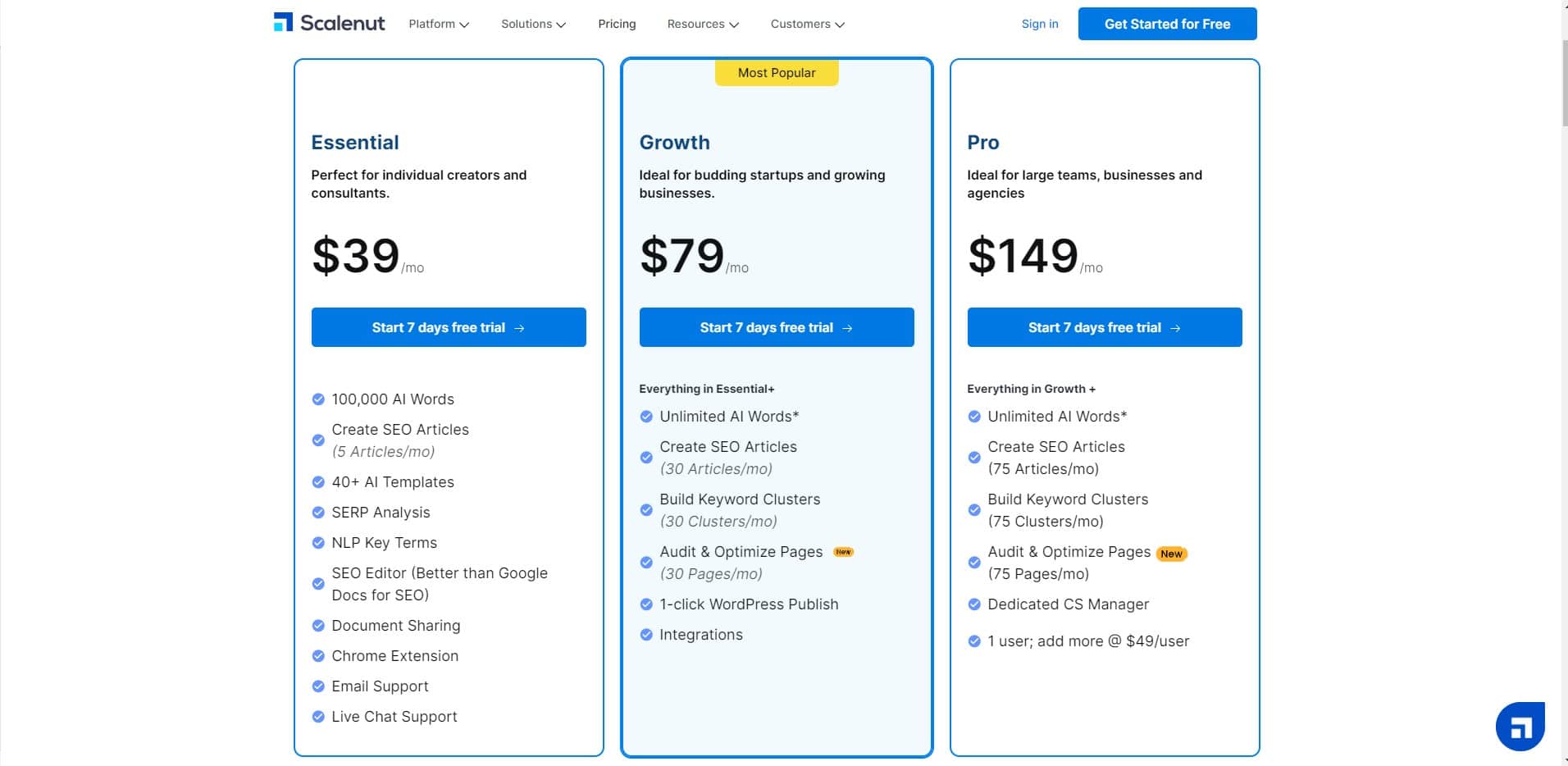 Scalenut pricing offers three pricing plans best rytr alternatives and competitors