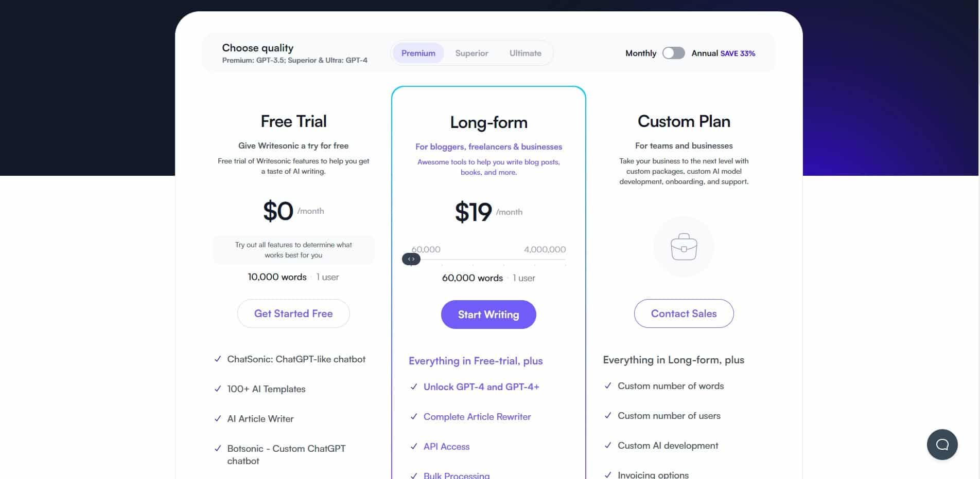 Writersonic Pricing for one of the best Copysmith alternatives and Competitors