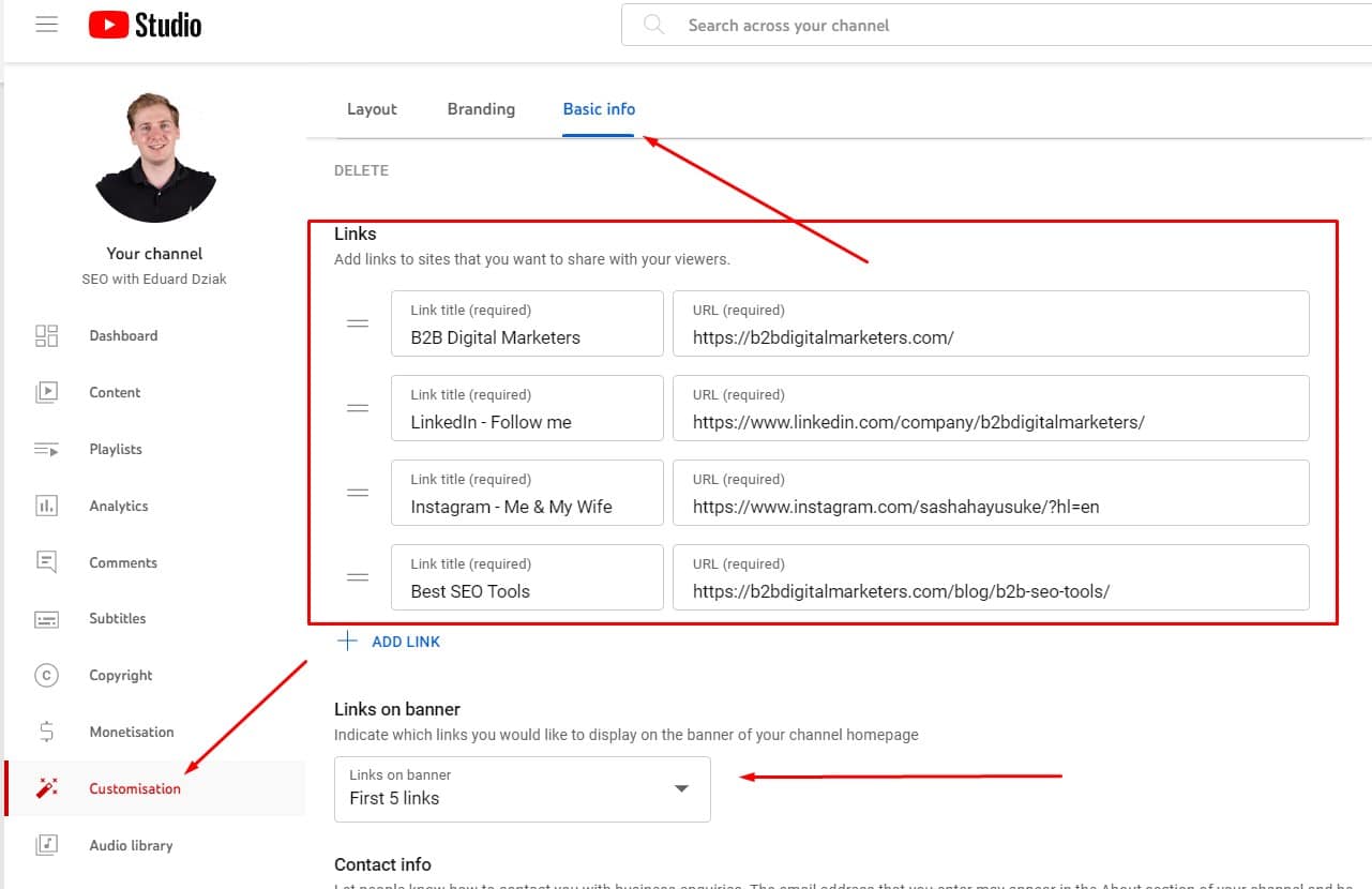 adding links in youtube on a channel page for youtube backlinks