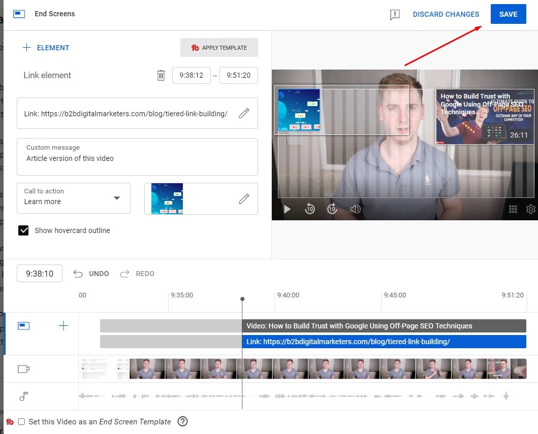 completing information for youtube end screen backlink