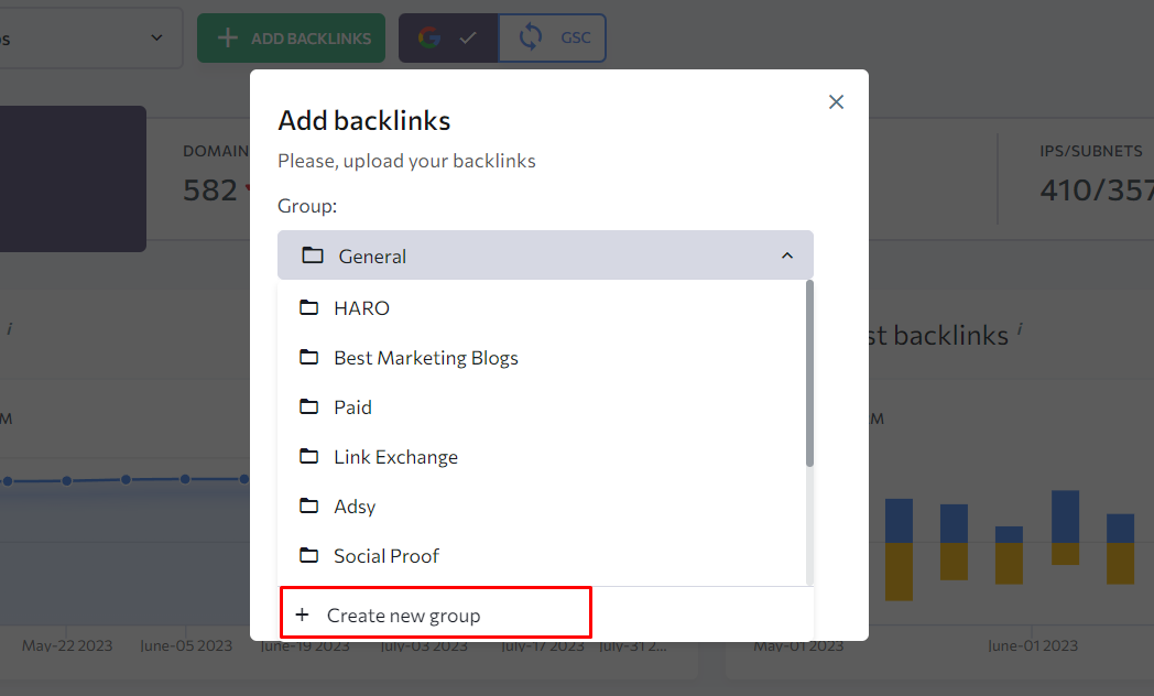 create new group for tracking new backlinks in se ranking
