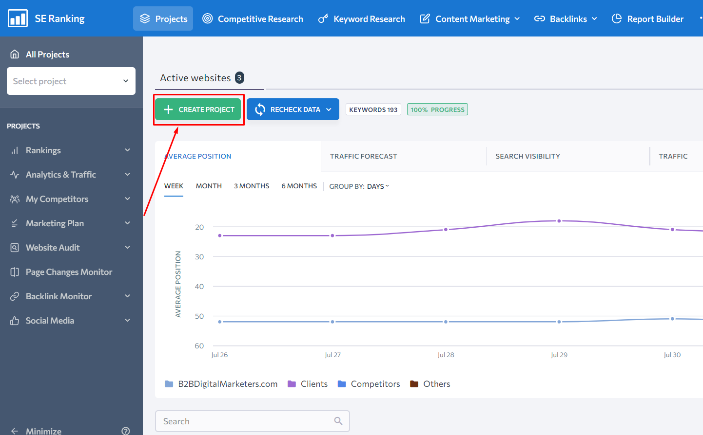 creating project in se ranking to track backlinks