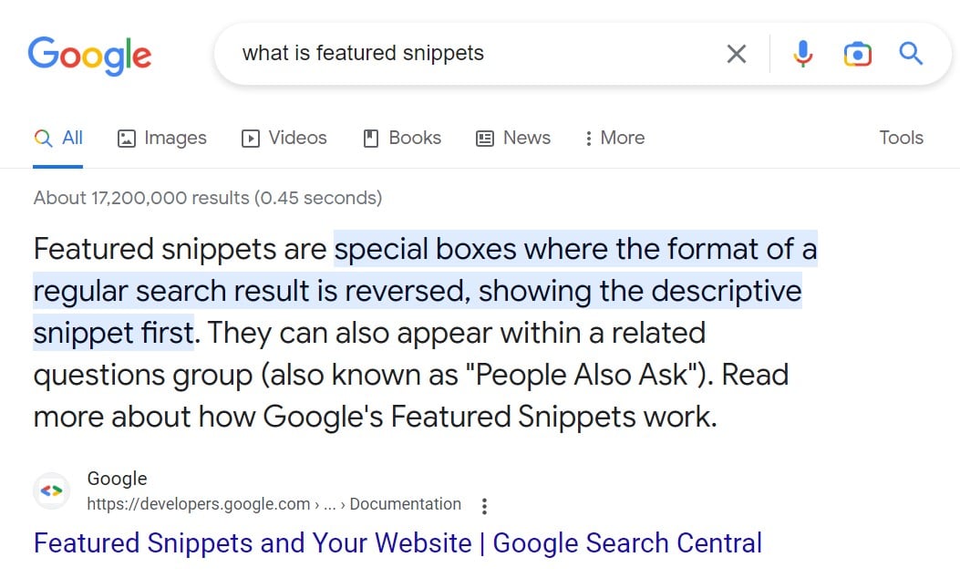 example of featured snippet to be captured with secondary keywords