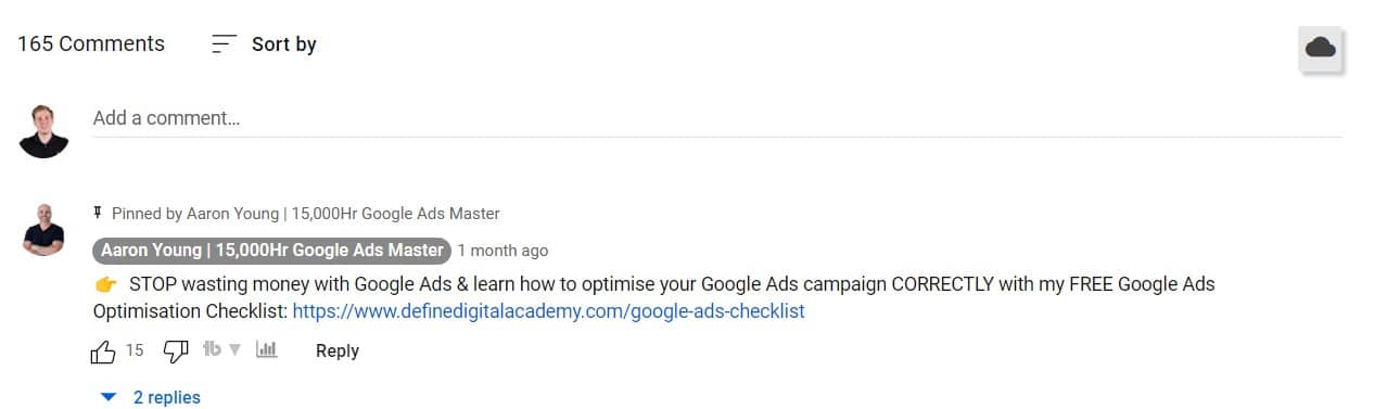 example of using comment section for YouTube backlinks