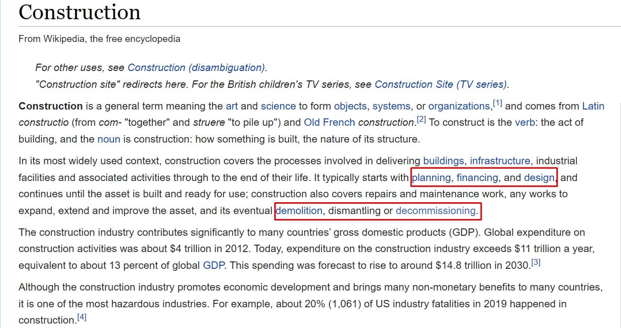 finding seo keywords for construction on wikipedia page