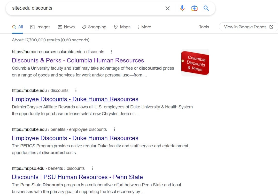 global search for discount pages on edu websites